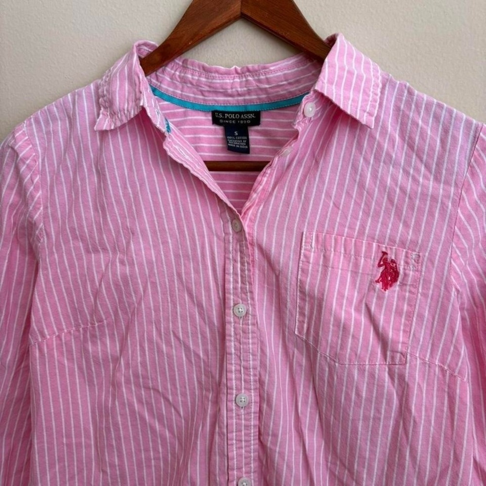 Vintage Y2K Preppy Twee Style Polo Assn Small Pony Pink Striped Oxford Shirt Sml